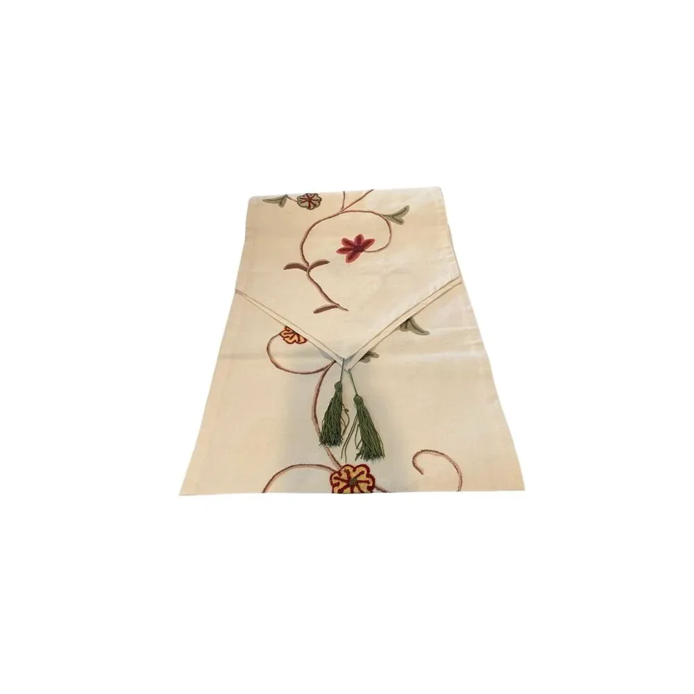 VTG Ethomes Japan Taro Home Handiwork Linen Table Runner Tassels 16x87
